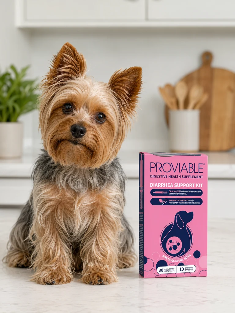 Sammy with the Nutramax Proviable Diarrhea Support Kit (30ml)