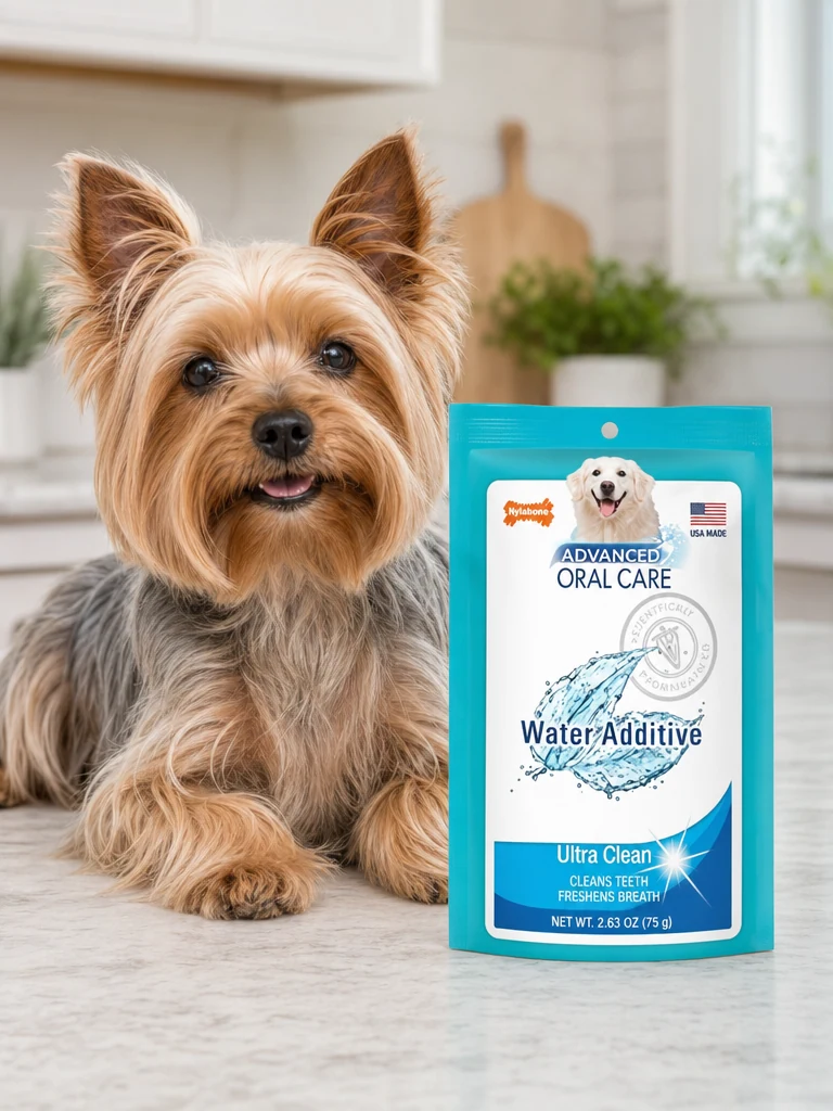 Sammy the Yorkshire Terrier with the Nylabone Dental Water Additive, Original (32oz)