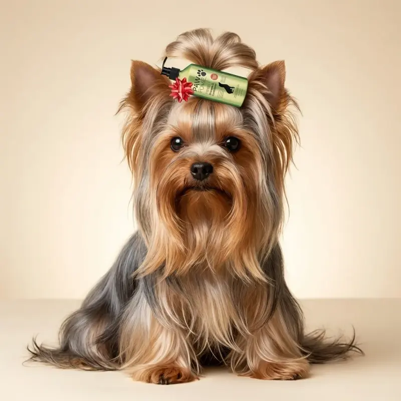 Sammy the Yorkshire Terrier with the PAWFUME Deshedding Probiotic Shampoo & Conditioner