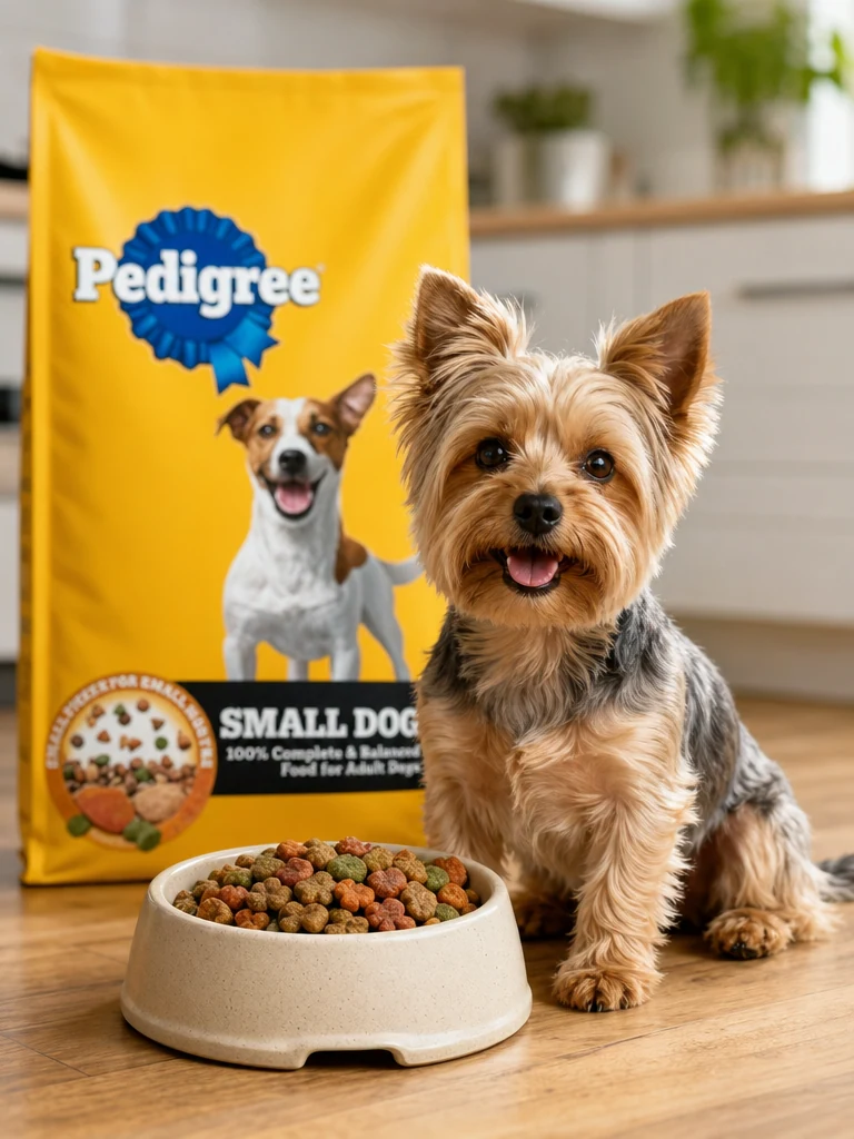 Sammy the Yorkshire Terrier with the Pedigree Roasted Chicken & Veg Dry (14lb)