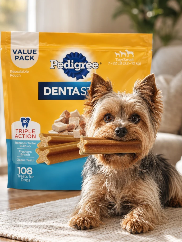 Sammy the Yorkshire Terrier with the Pedigree Dentastix Real Chicken (108-ct)