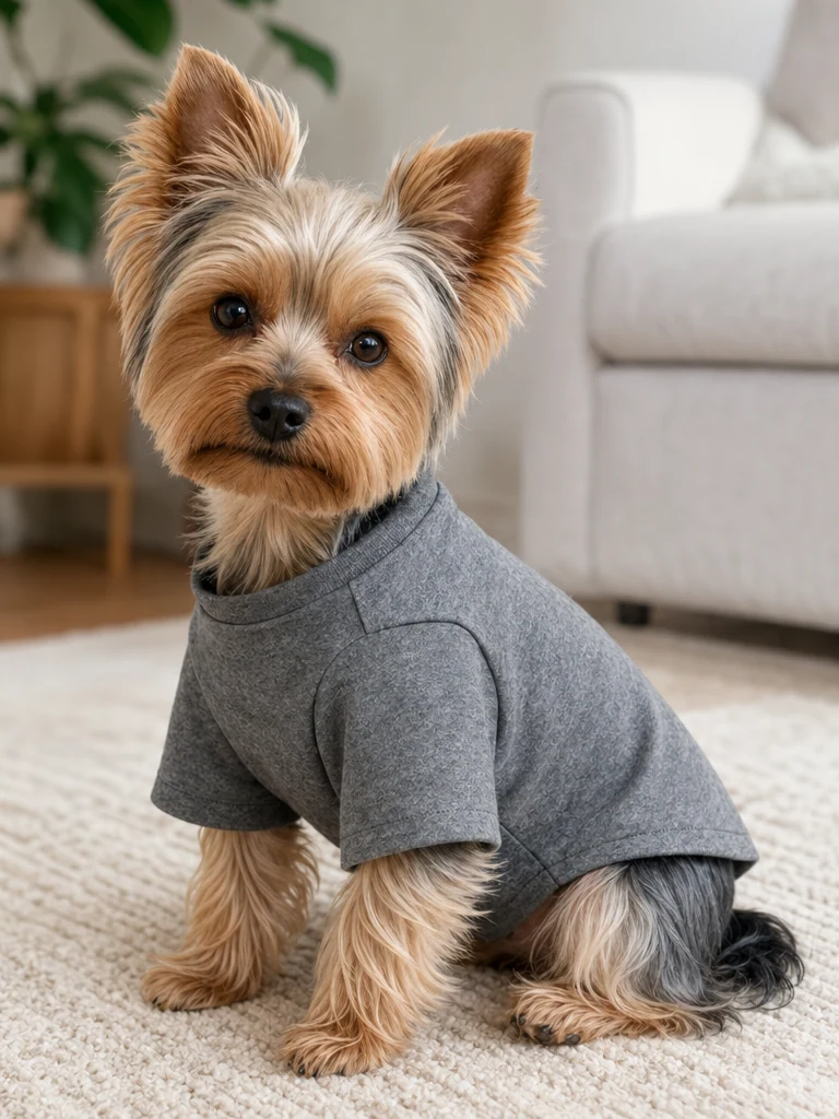 Sammy the Yorkshire Terrier with the Pet Passion Toby Organic Cotton Tee (3-Pack)