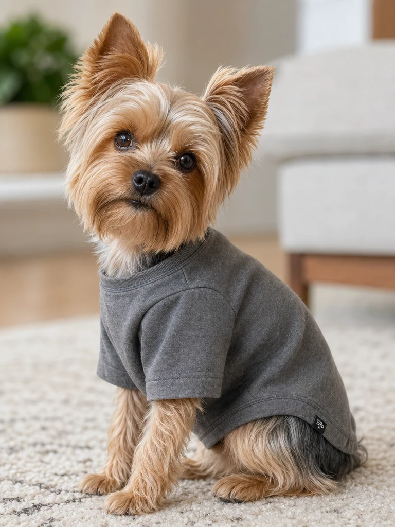 Sammy the Yorkshire Terrier wearing the Pet Passion Toby II Organic Cotton Tee (3-Pack)