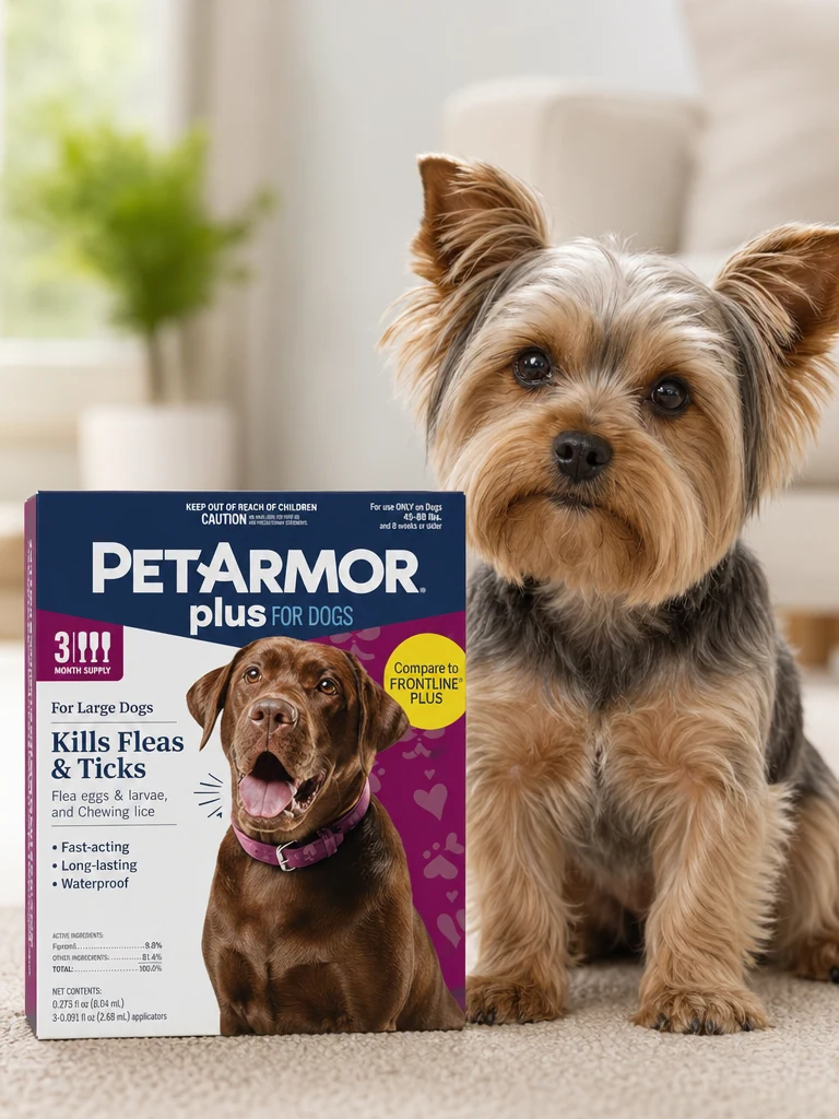 Sammy the Yorkshire Terrier wearing the PetArmor Plus Flea & Tick, Large Dog (3-Dose)