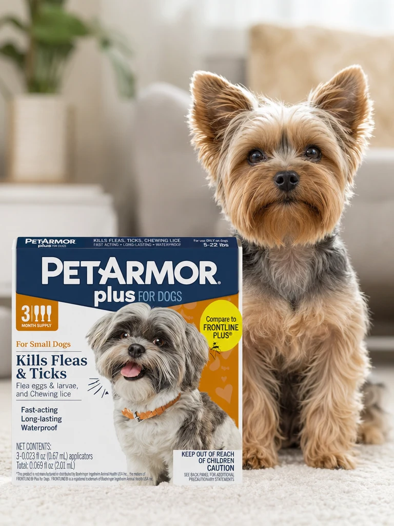 Sammy the Yorkshire Terrier wearing the PetArmor Plus Flea & Tick, Small Dog (3-Dose)