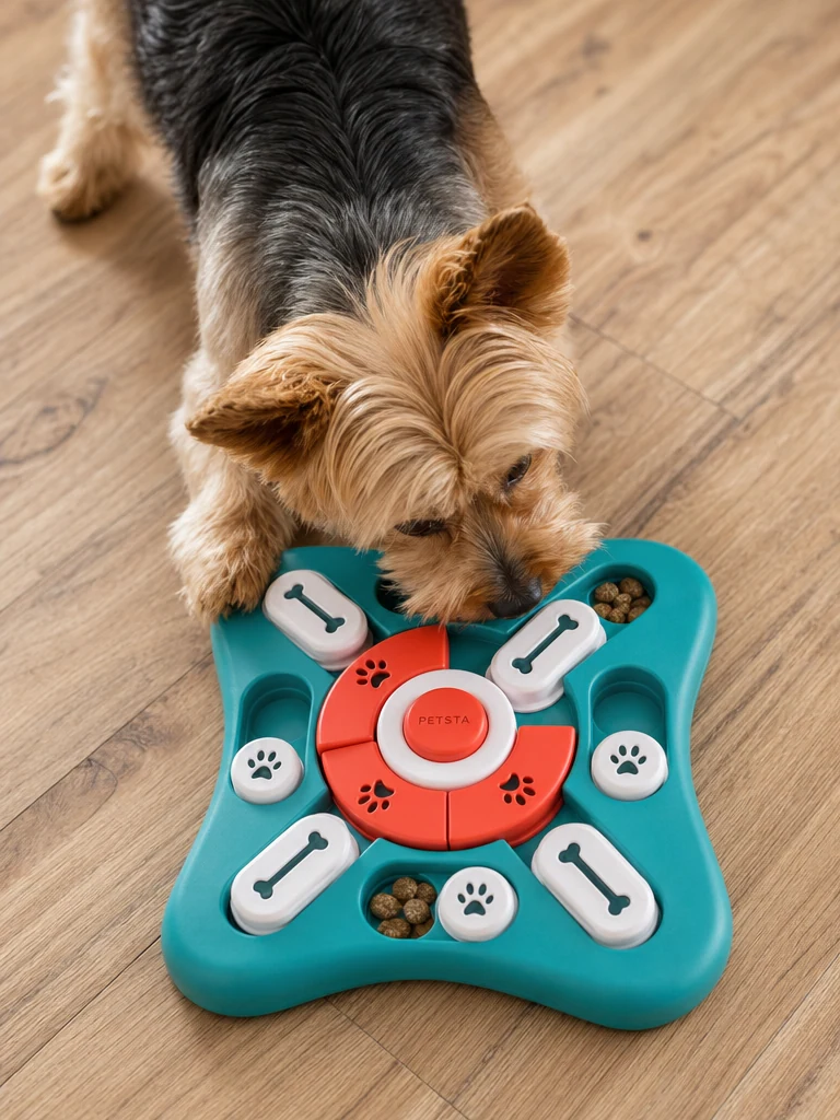 Sammy the Yorkshire Terrier with the PETSTA Treat Dispensing Dog Puzzle Toy