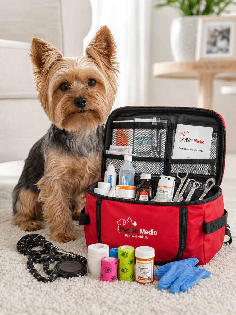 Sammy the Yorkshire Terrier wearing the PetVet Medic First Aid Kit with Thermometer
