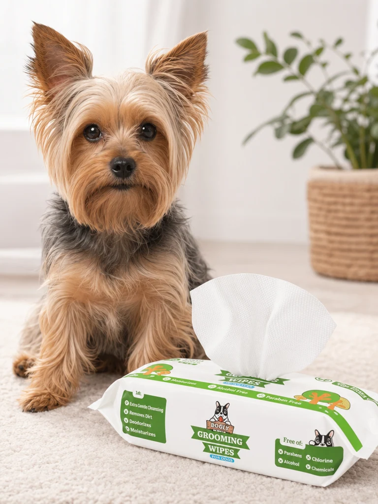 Sammy the Yorkshire Terrier with the Pogi's Hypoallergenic Fragrance-Free Wipes (100-ct)