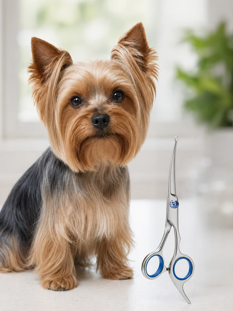 Sammy the Yorkshire Terrier with the Saccison 4-in-1 Round Tip Grooming Shears Kit