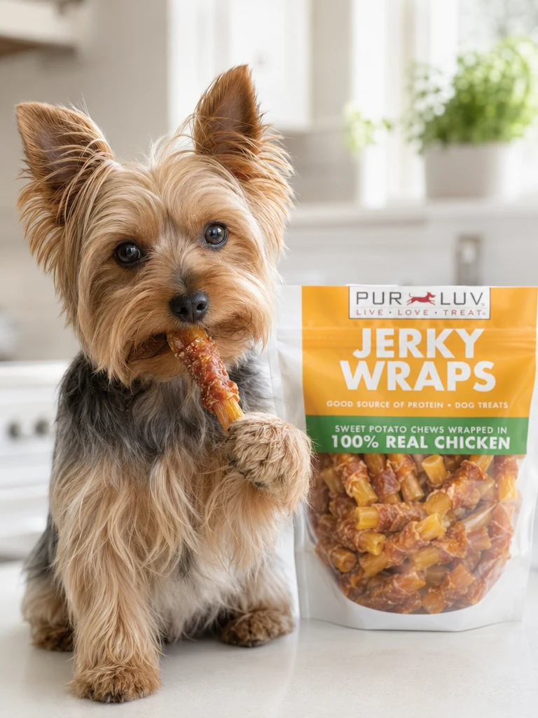 Sammy the Yorkshire Terrier with the Pur Luv Chicken Wrapped Sweet Potato (16oz)