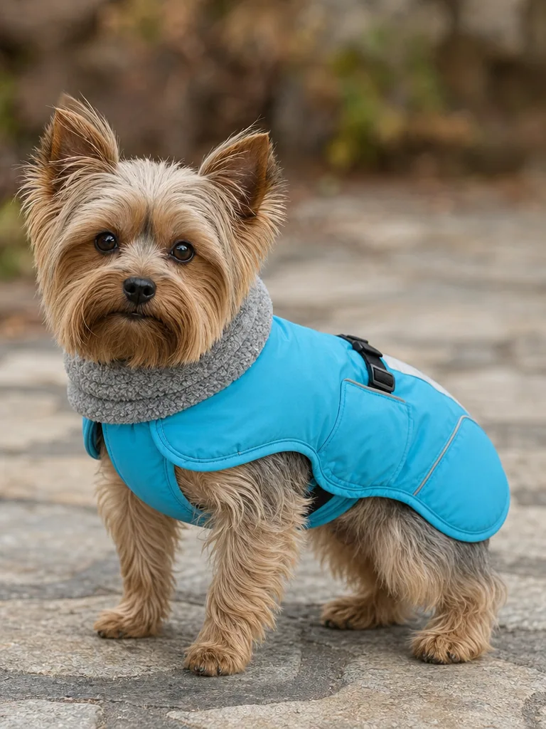 Sammy the Yorkshire Terrier with the Queenmore Fleece Lining Waterproof Winter Jacket