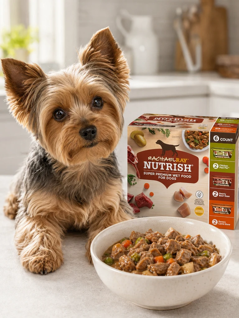 Sammy the Yorkshire Terrier with the Nutrish Savory Favorites Wet Variety (6-pk)