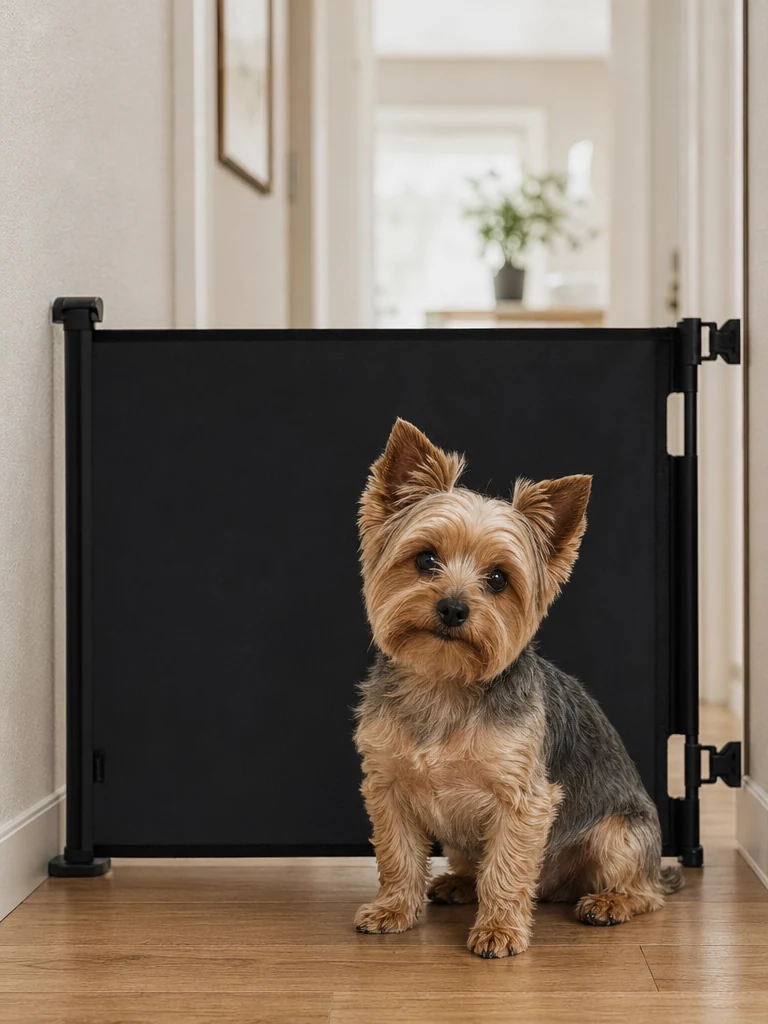 Sammy the Yorkshire Terrier with the Zupetta Retractable Mesh Gate (55" Wide)