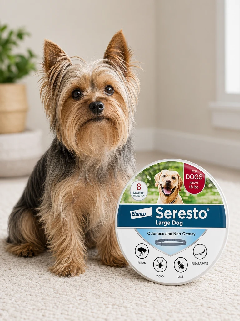 Sammy the Yorkshire Terrier wearing the Seresto Flea & Tick Collar (Over 18 lbs)