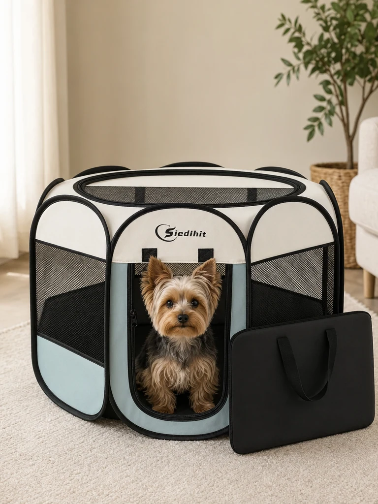 Sammy with the Siedihit Pop-Up Portable Pet Playpen (Grey)