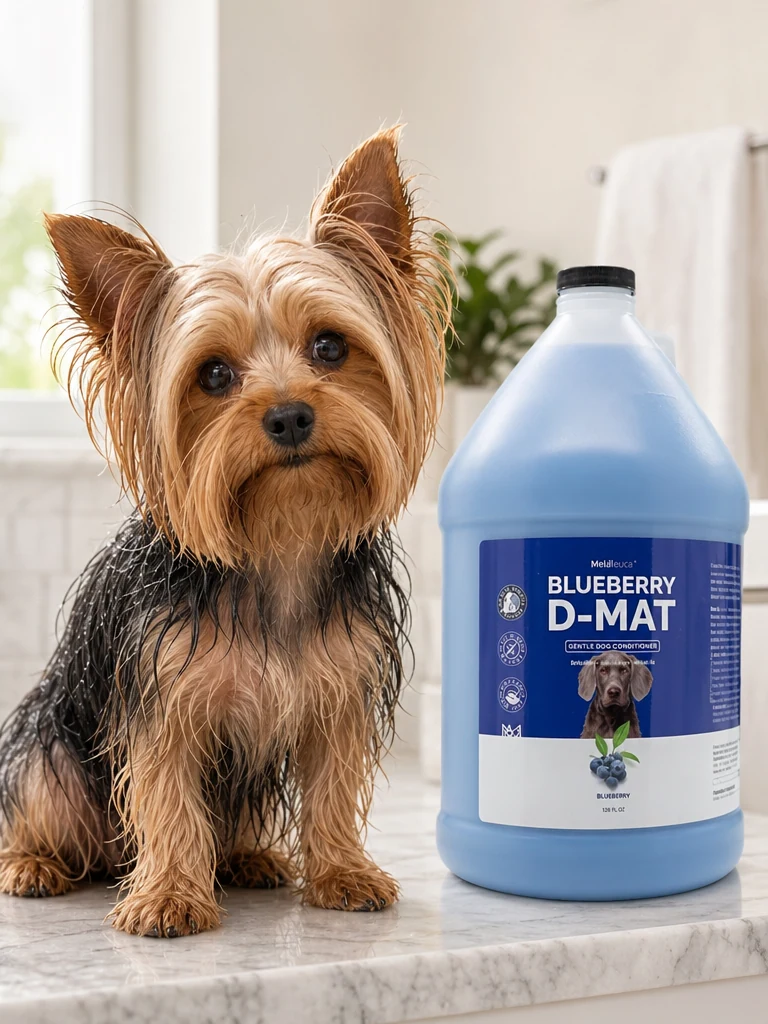 Sammy the Yorkshire Terrier with the Bark2Basics Blueberry D-Mat Conditioner (Gallon)