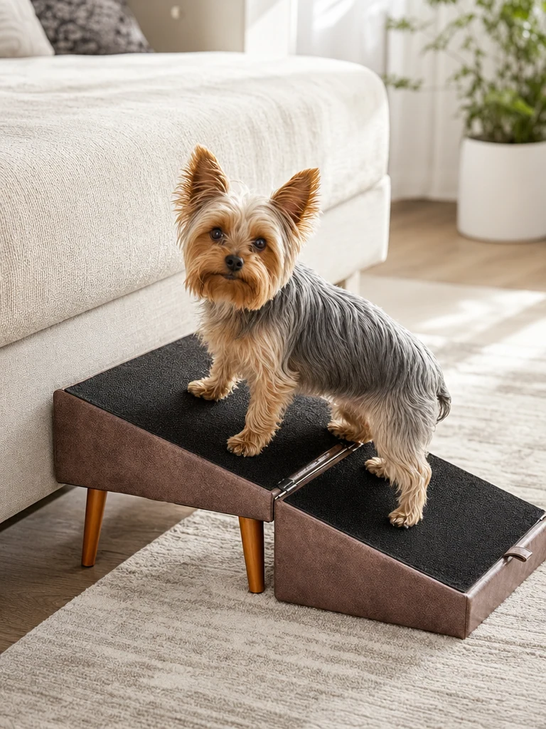 Sammy the Yorkshire Terrier with the Ziluce Foldable Split Ottoman Dog Ramp (Brown)