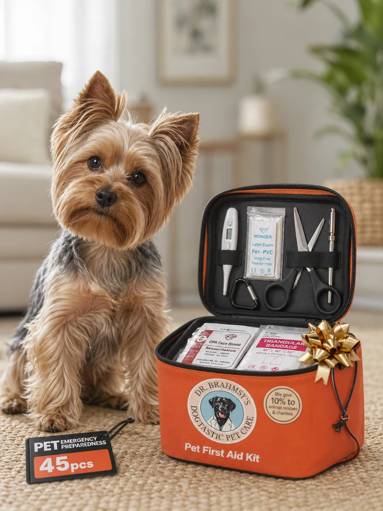 Sammy the Yorkshire Terrier with the Dr Brahmsy's Waterproof First Aid Kit (45-pc)