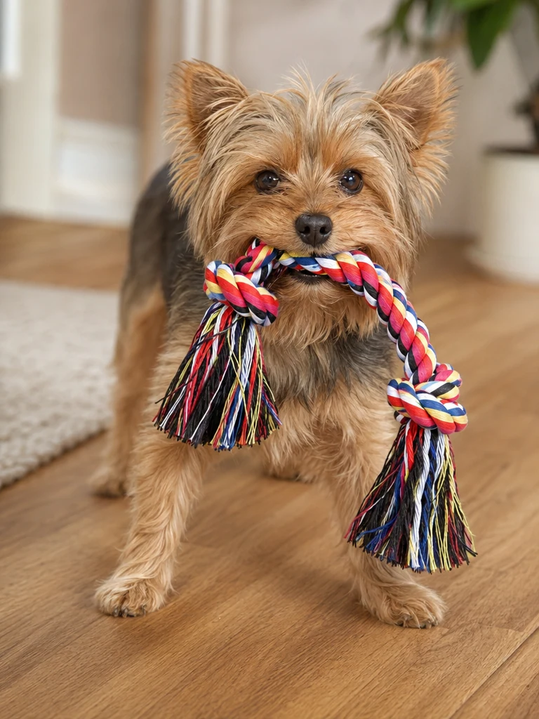 Sammy the Yorkshire Terrier with the Fun Yorkie Rope Toy