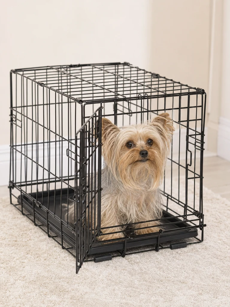 Sammy the Yorkshire Terrier with the MidWest iCrate 18" Single Door w/ Divider