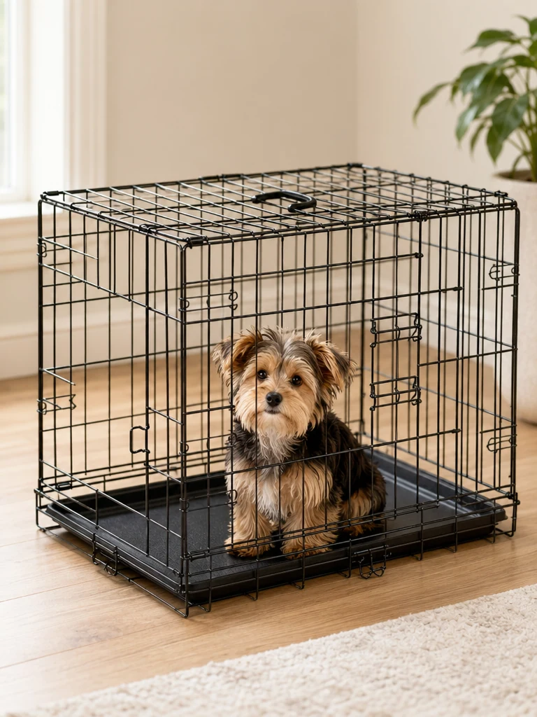 Sammy the Yorkshire Terrier with the Sweetcrispy 24" Foldable Single-Door Metal Crate