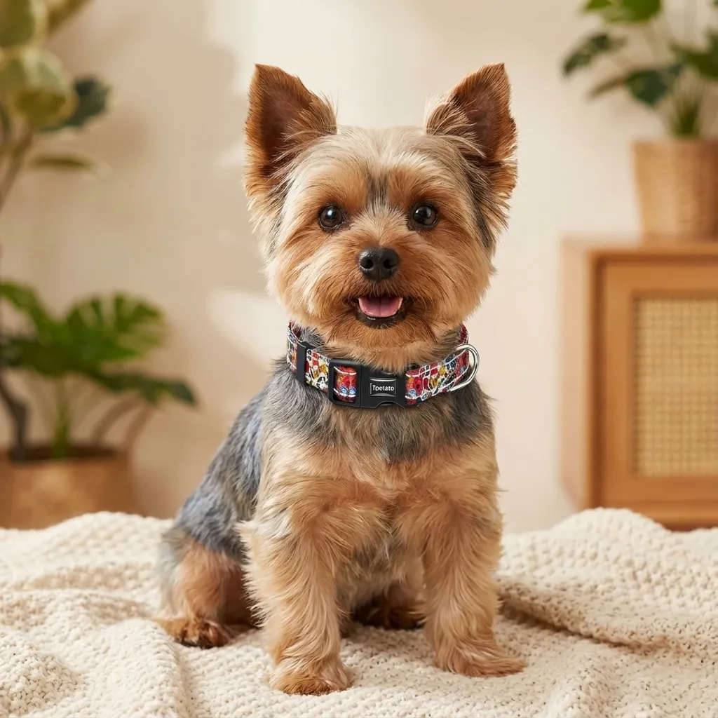 Sammy the Yorkshire Terrier with the Tpotato Floral Reflective Nylon Quick-Release Collar