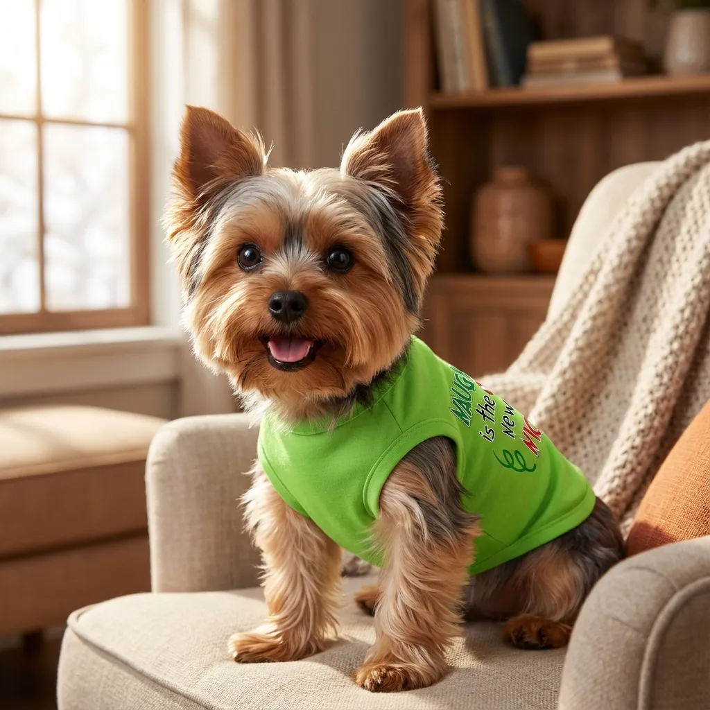 Sammy the Yorkshire Terrier with the Tsorode Green Christmas Dog Pajamas (L)