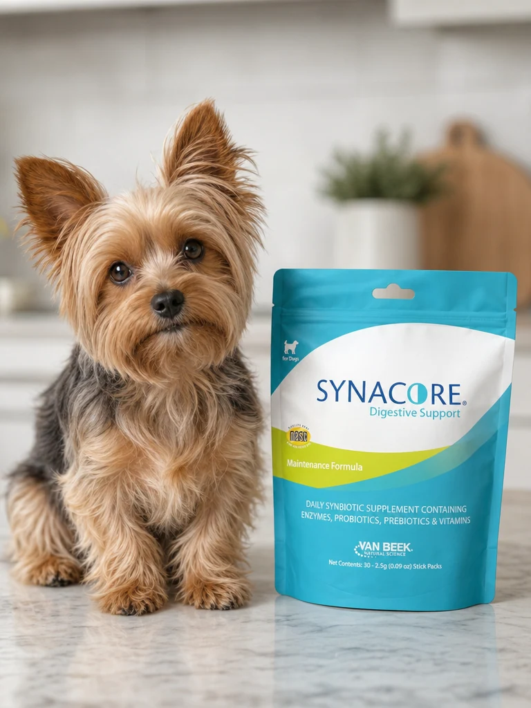 Sammy the Yorkshire Terrier wearing the Van Beek Synacore Immune & Digestive (30-ct)