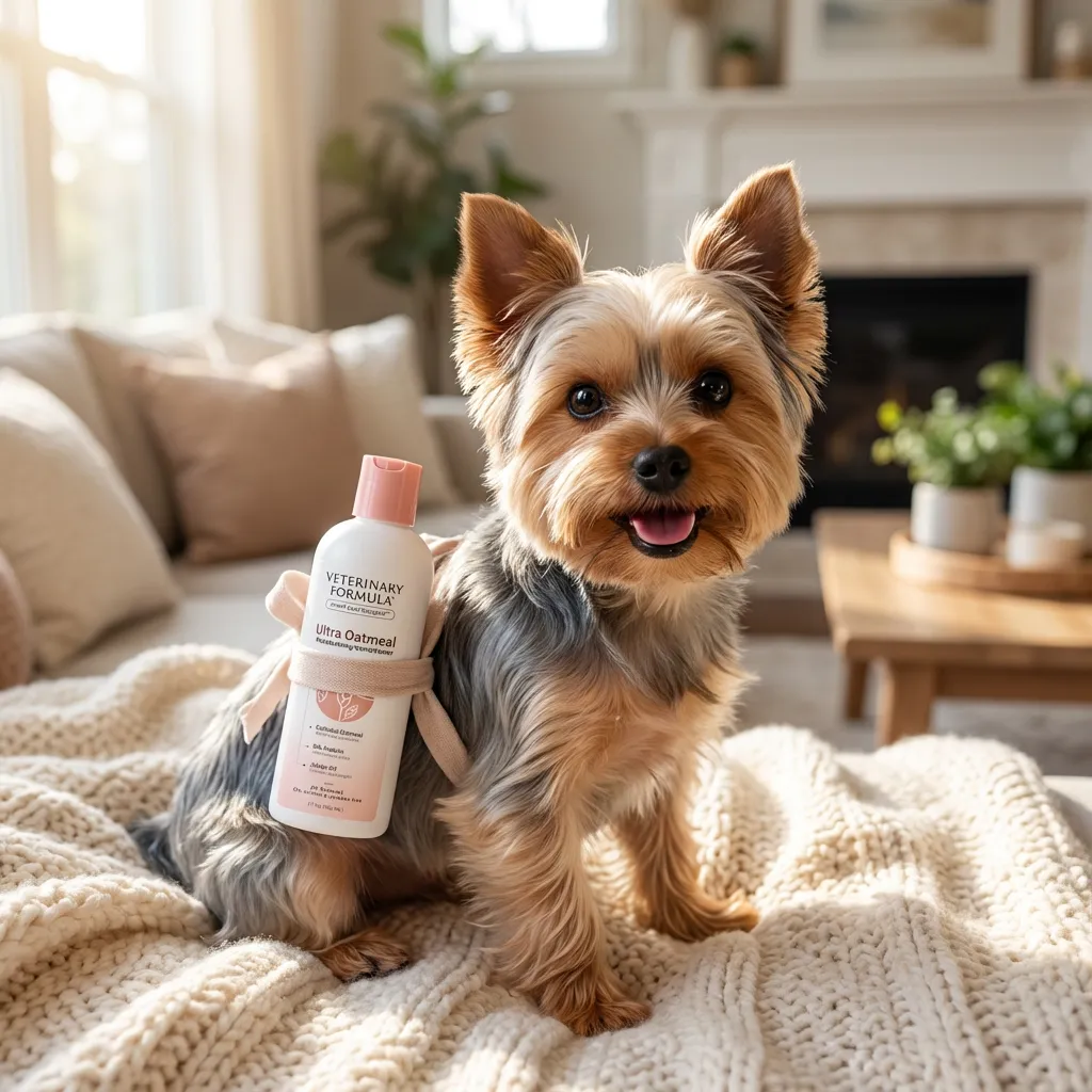 Sammy the Yorkshire Terrier with the Veterinary Formula Conditioner for Yorkies