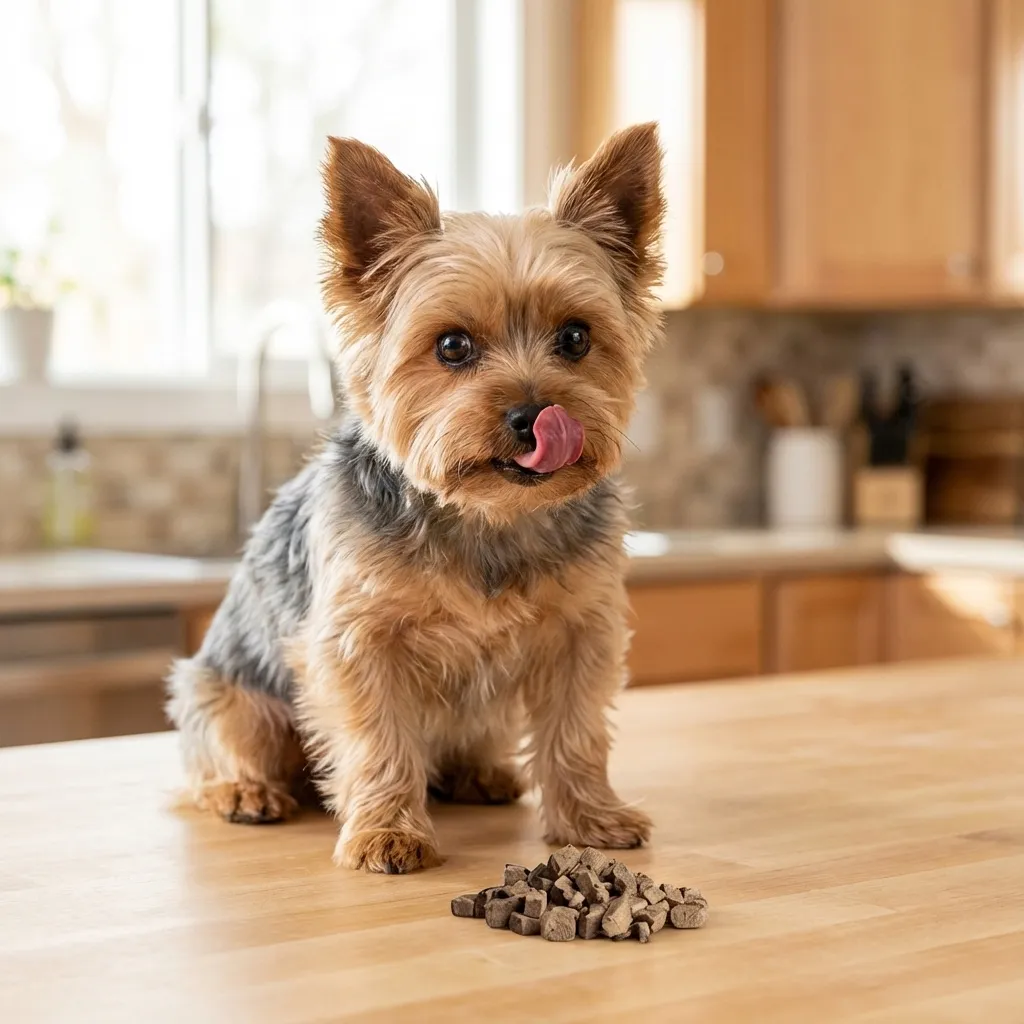 Sammy the Yorkshire Terrier with the Vital Essentials Premium Product for Yorkies