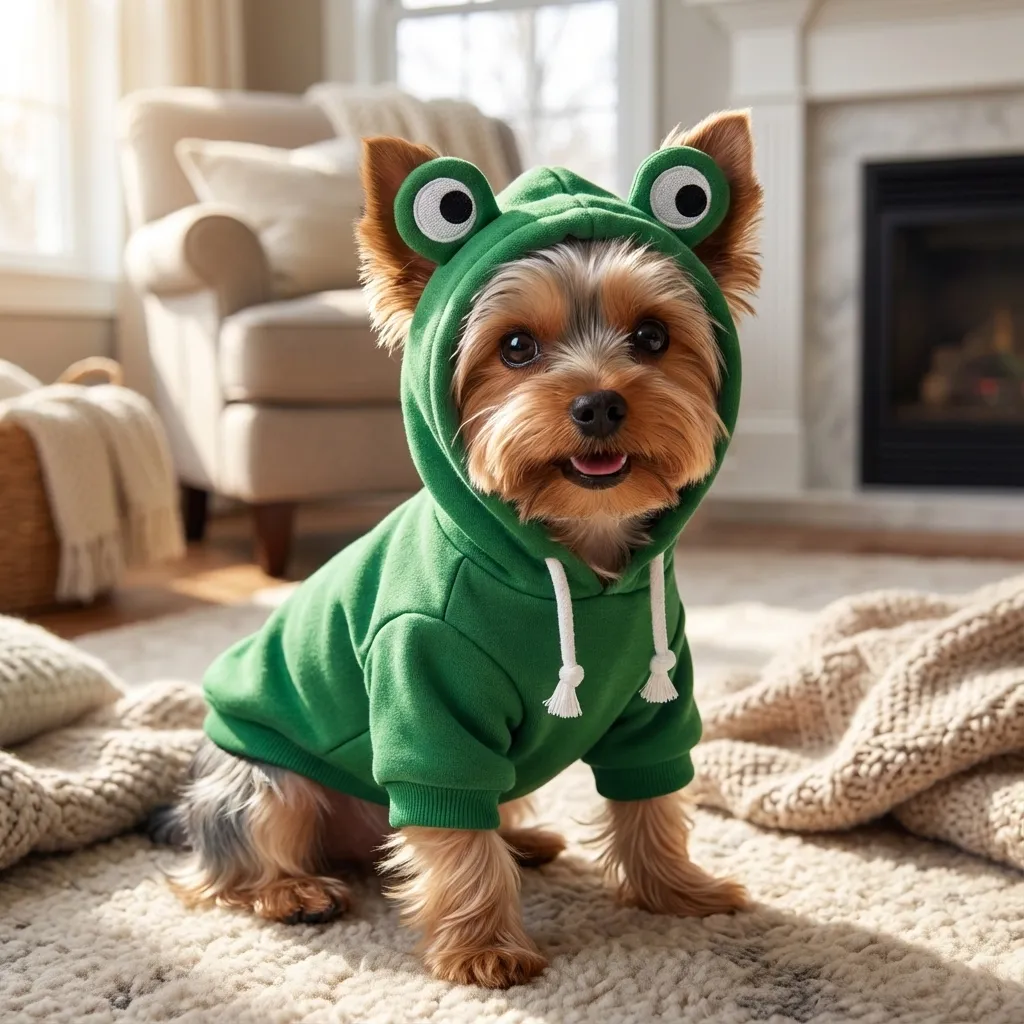 Sammy the Yorkshire Terrier with the Maruomiki Fleece Fruit Hoodie Jacket (Green)
