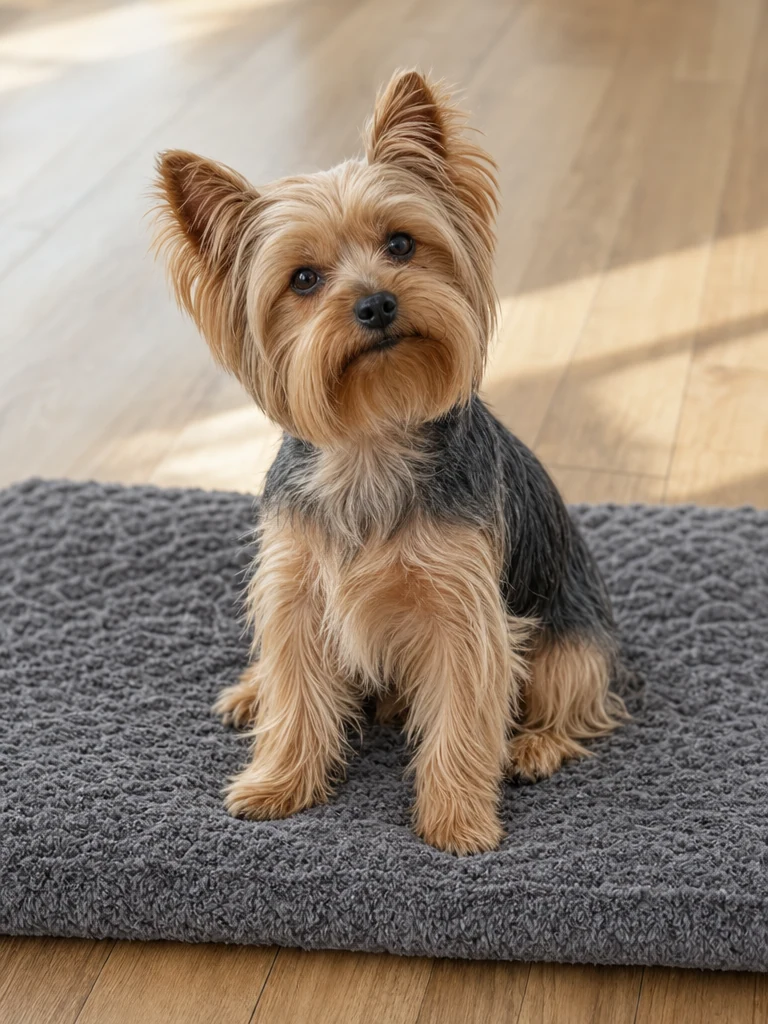 Sammy the Yorkshire Terrier with the Exsnugy Washable Fluffy Crate Mat (35x22)