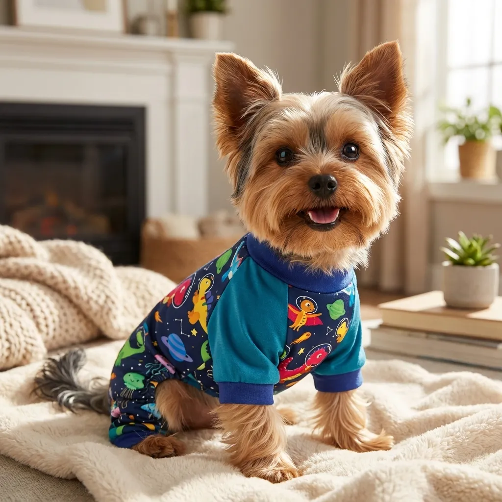Sammy the Yorkshire Terrier with the XPUDAC Universe Christmas Onesie PJs (Large)