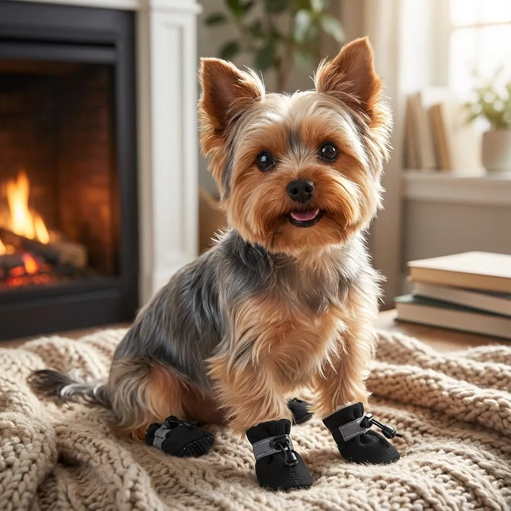Sammy the Yorkshire Terrier with the Reflective Fleece Yorkie Boots