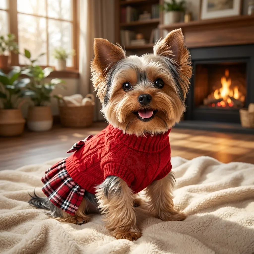 Sammy the Yorkshire Terrier with the YUDODO Knitted Turtleneck Sweater Dress & Bowtie