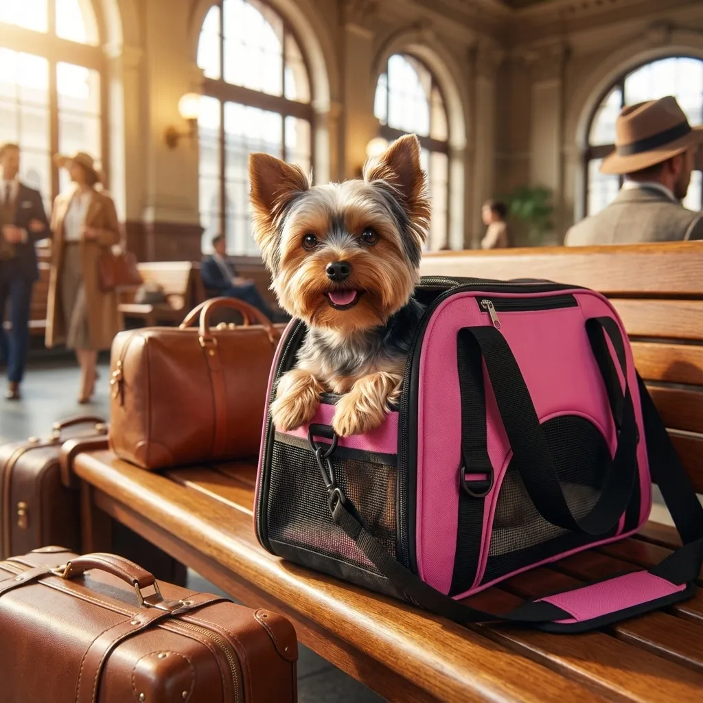 Sammy the Yorkshire Terrier wearing the ZaneSun Foldable Airline Carrier (Rose Red)