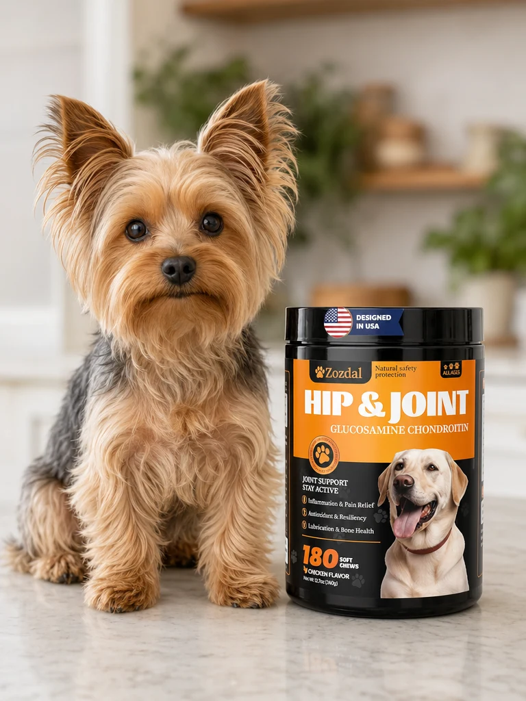 Sammy the Yorkshire Terrier with the Zozdal Glucosamine Chondroitin Joint Supplement