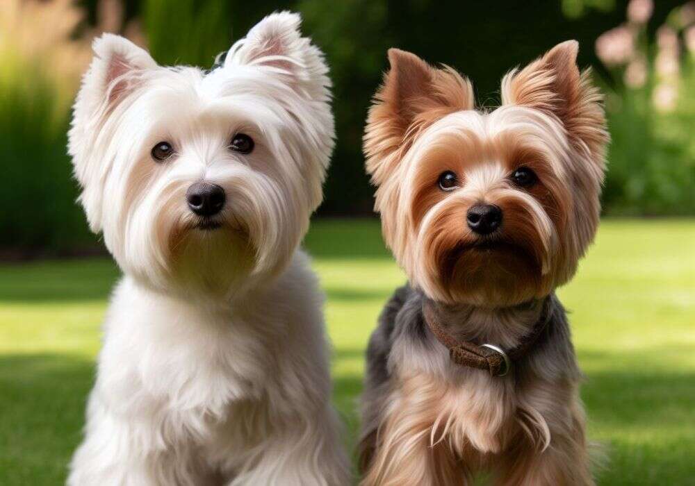 Yorkie and West Highland White Terrier standing together